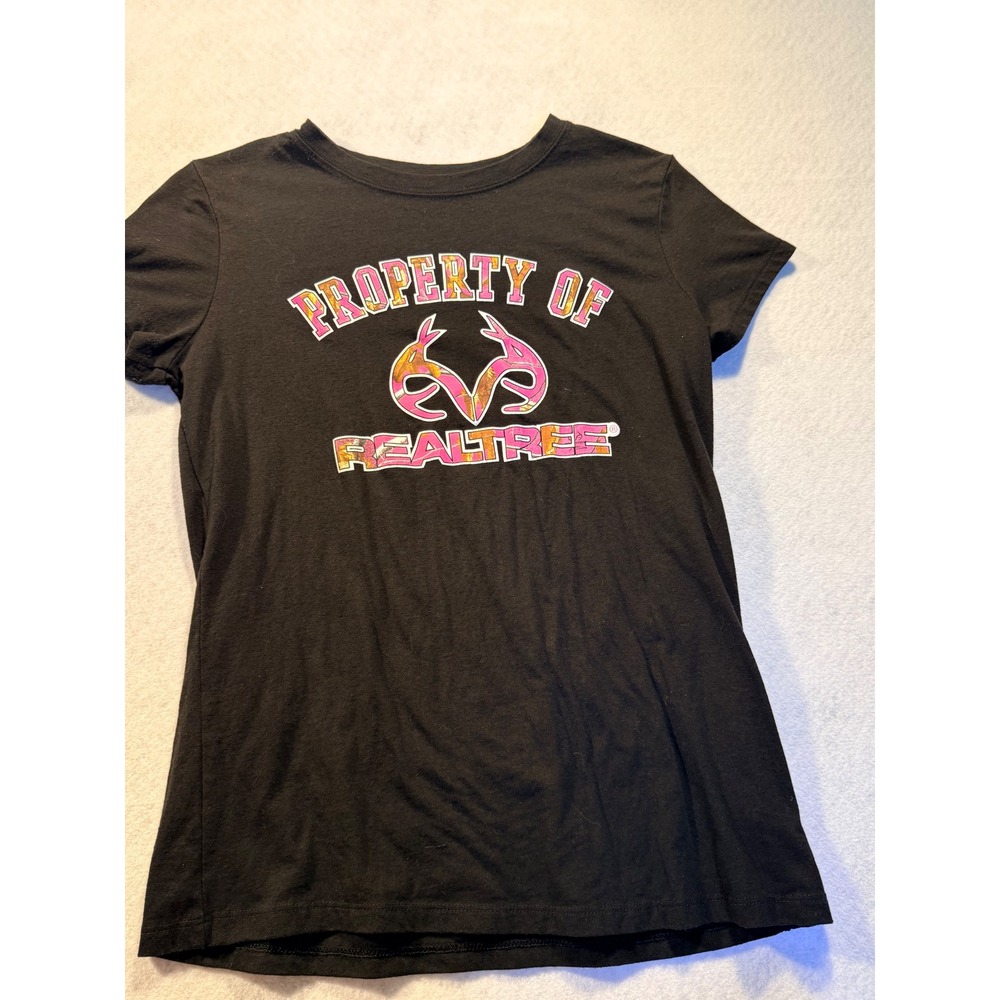 Realtree‎ Womens Black Graphic T-Shirt Pink Camo Logo Short Sleeve Size M